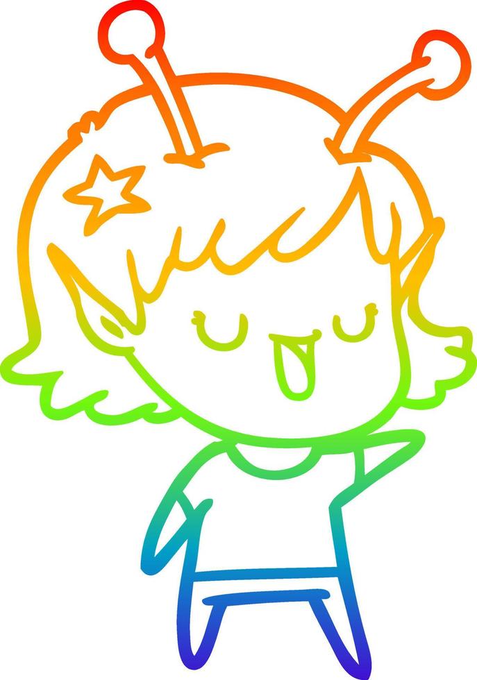rainbow gradient line drawing happy alien girl cartoon vector