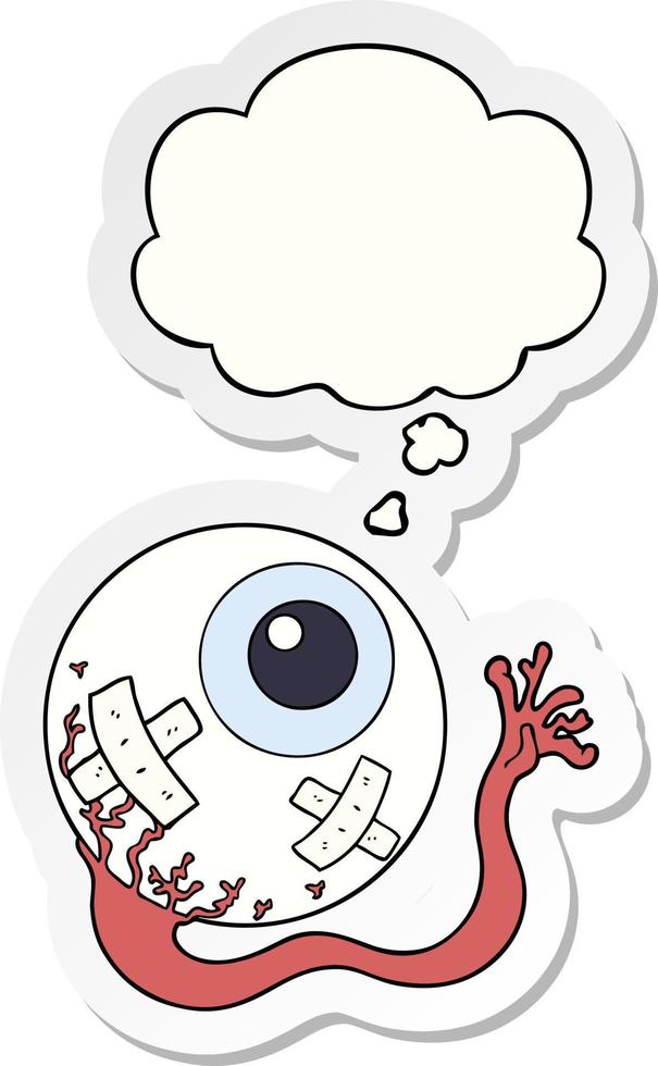 cartoon injured eyeball and thought bubble as a printed sticker vector