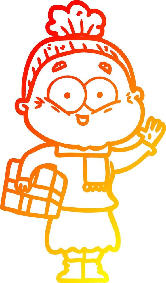 warm gradient line drawing cartoon happy old woman vector