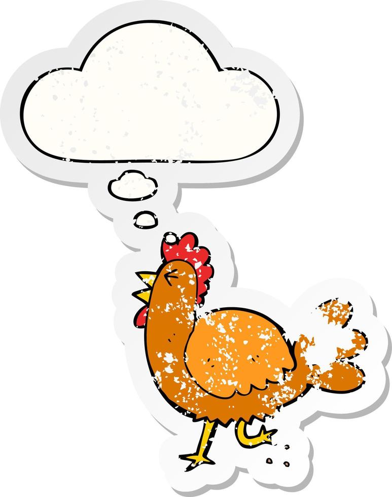 cartoon rooster and thought bubble as a distressed worn sticker vector