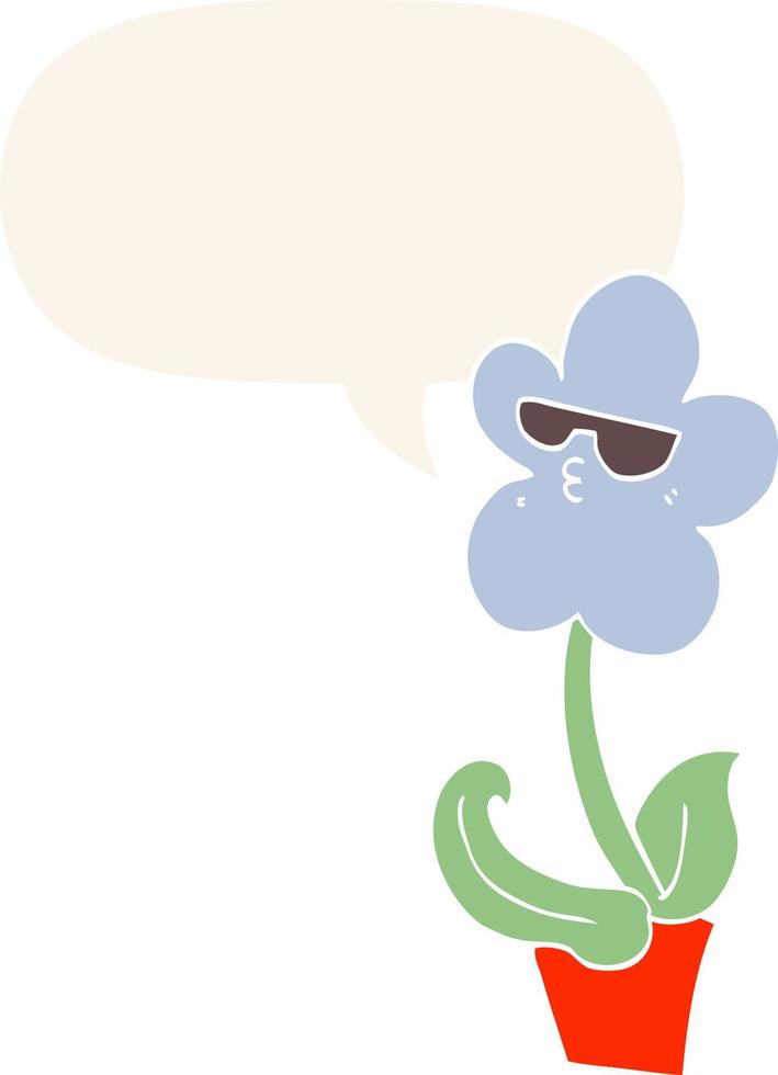 flor de dibujos animados genial y burbuja de habla en estilo retro vector