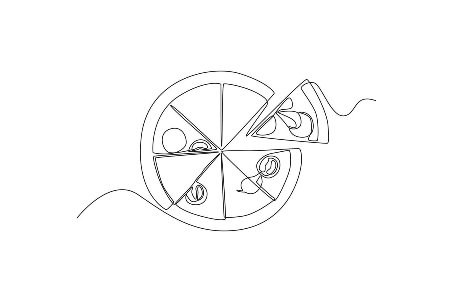 Single one line drawing slice of hot pizza. World food day concept. Continuous line draw design graphic vector illustration.