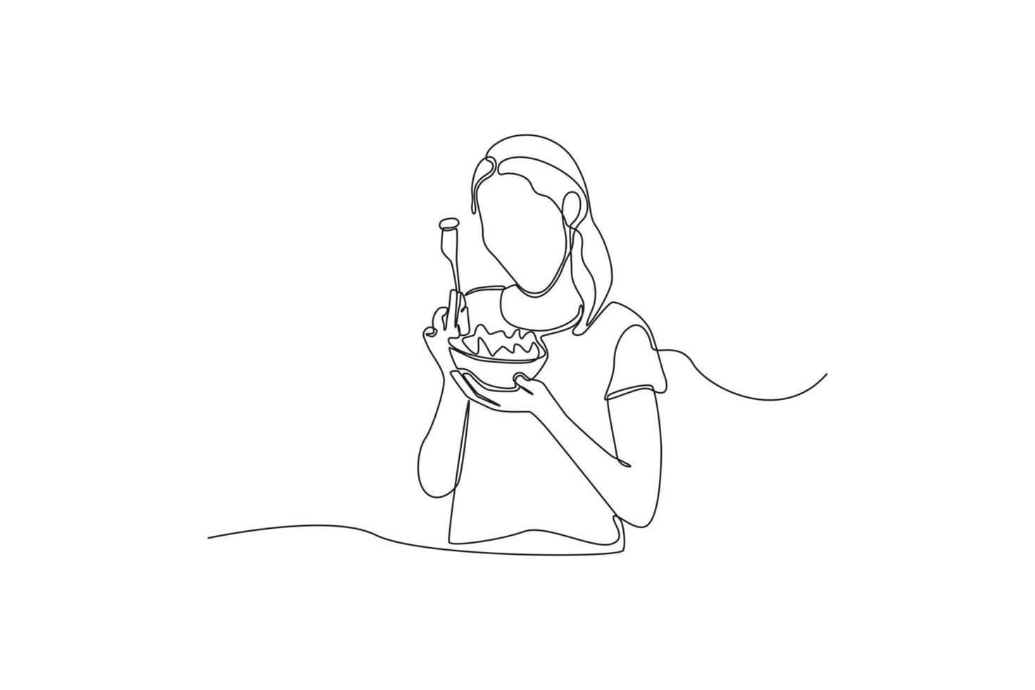 Single one line drawing young girl fresh eating salad in bowl. World food day concept. Continuous line draw design graphic vector illustration.