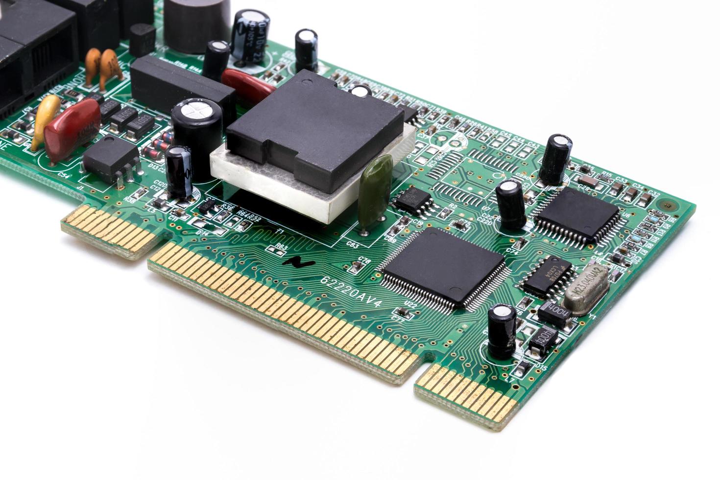 Close up of Computer circuit board on white background. photo