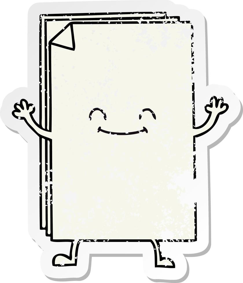distressed sticker of a quirky hand drawn cartoon happy stack of papers vector