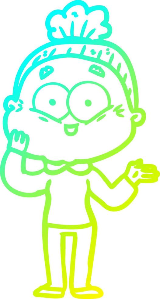 cold gradient line drawing cartoon happy old woman vector