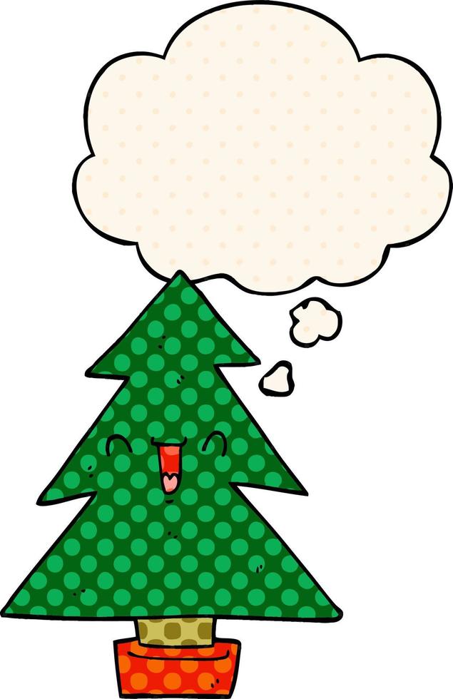 cartoon christmas tree and thought bubble in comic book style vector