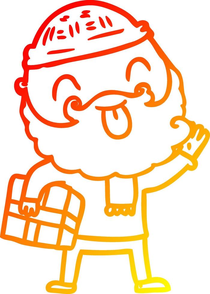 dibujo de línea de gradiente cálido hombre con barba llevando regalo de navidad vector