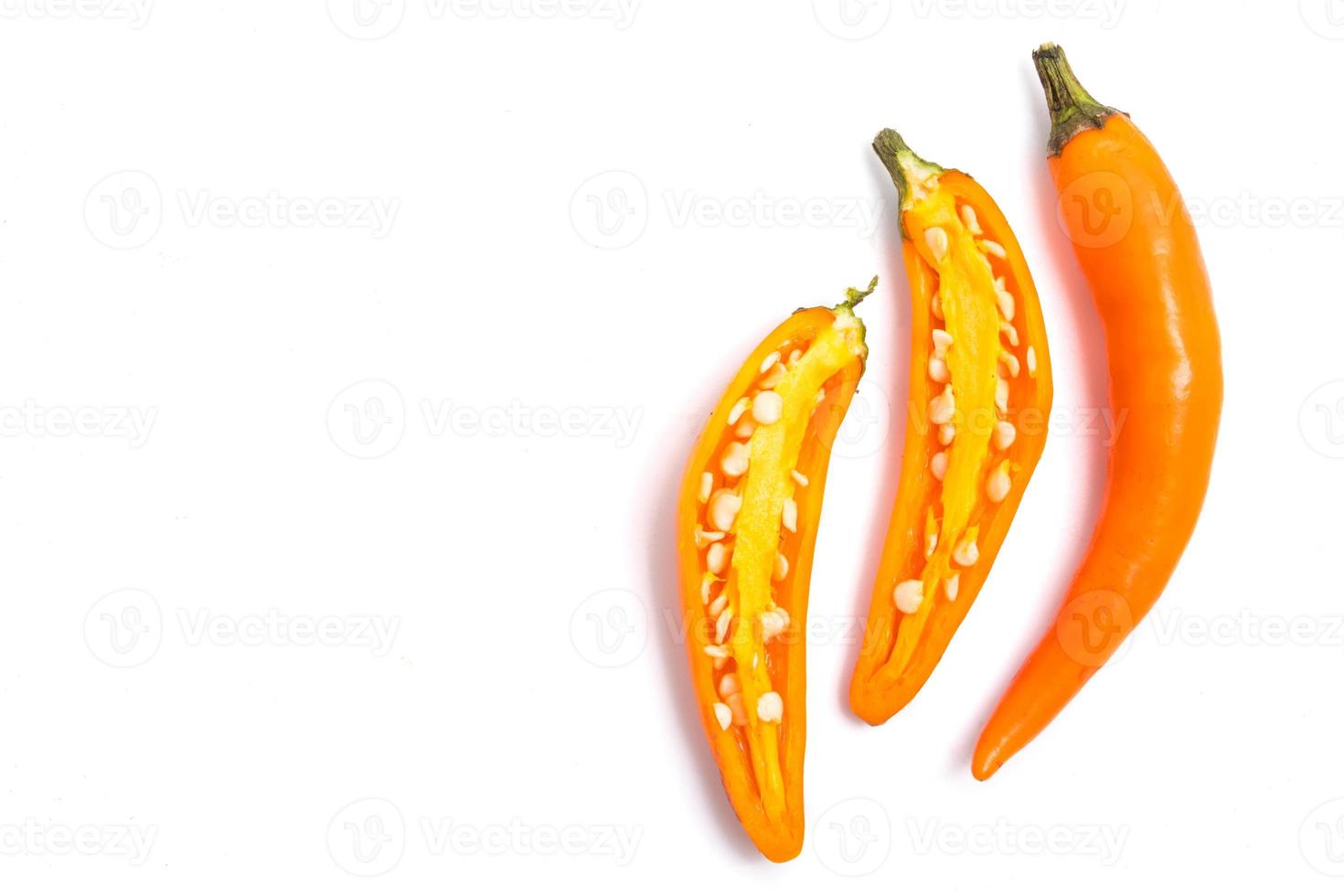 Fresh Yellow chili papper on white background. Free space for text photo