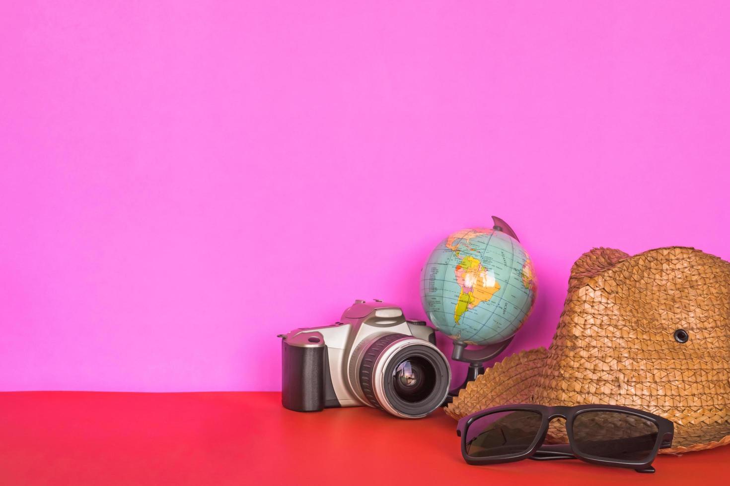 Travel accessories on colorful background. Free space for text photo