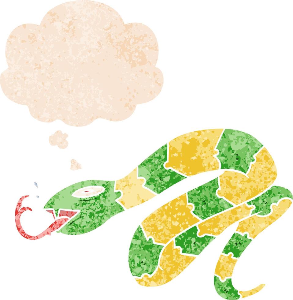 cartoon hissing snake and thought bubble in retro textured style vector