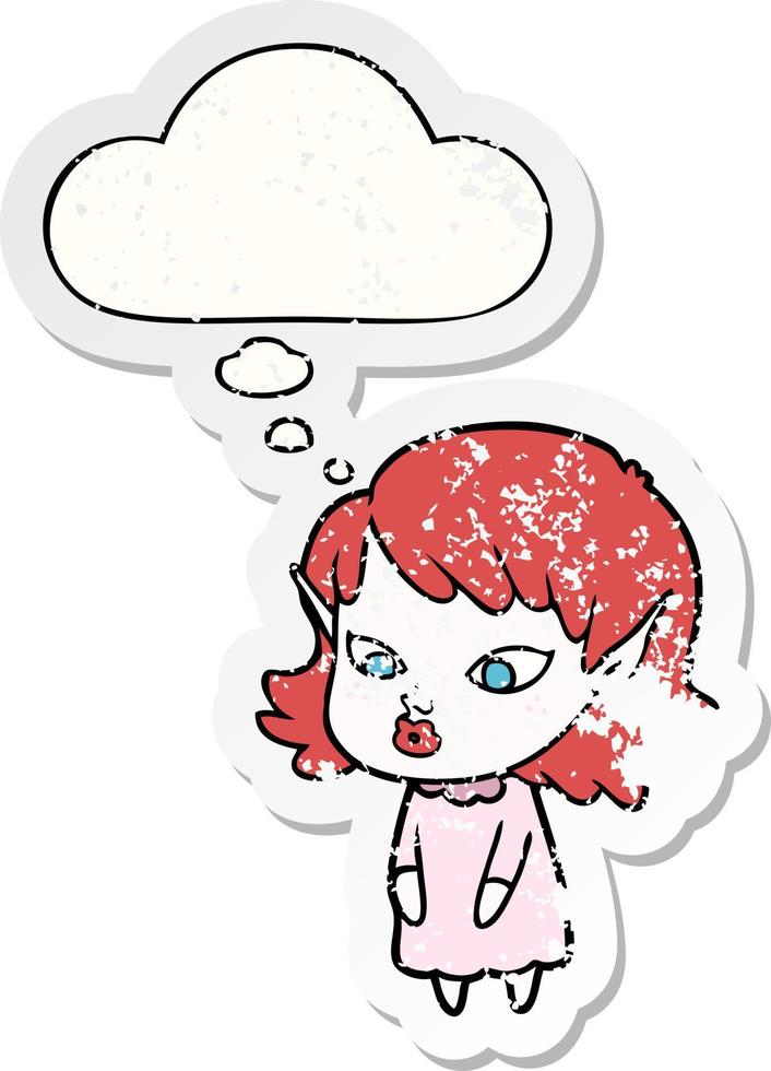 cartoon elf girl with pointy ears and thought bubble as a distressed worn sticker vector