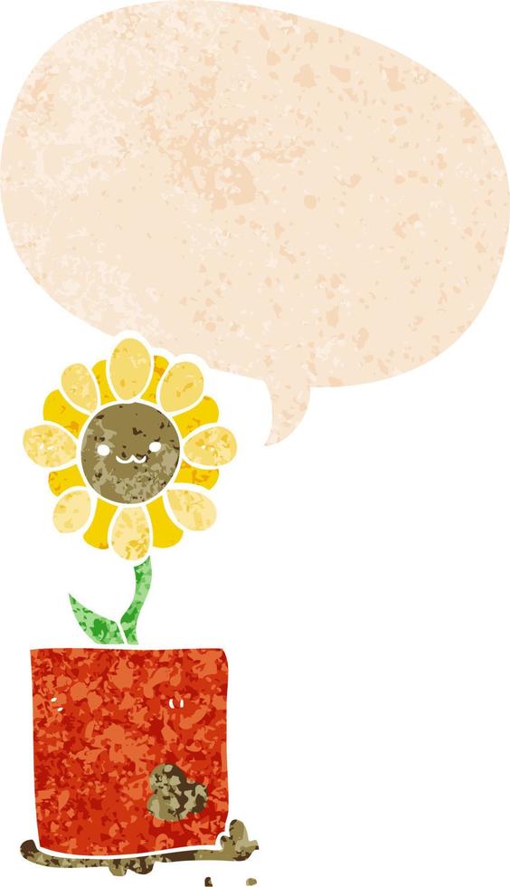 cute cartoon flower and speech bubble in retro textured style vector