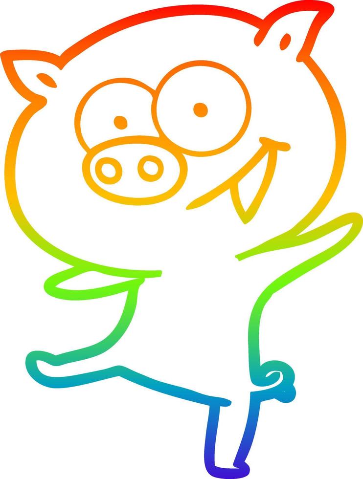 rainbow gradient line drawing cheerful dancing pig cartoon vector