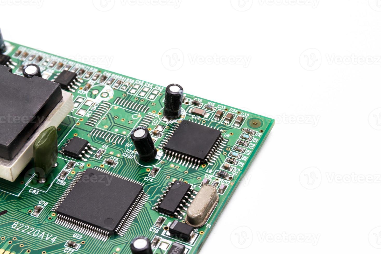 Close up of Computer circuit board on white background. photo