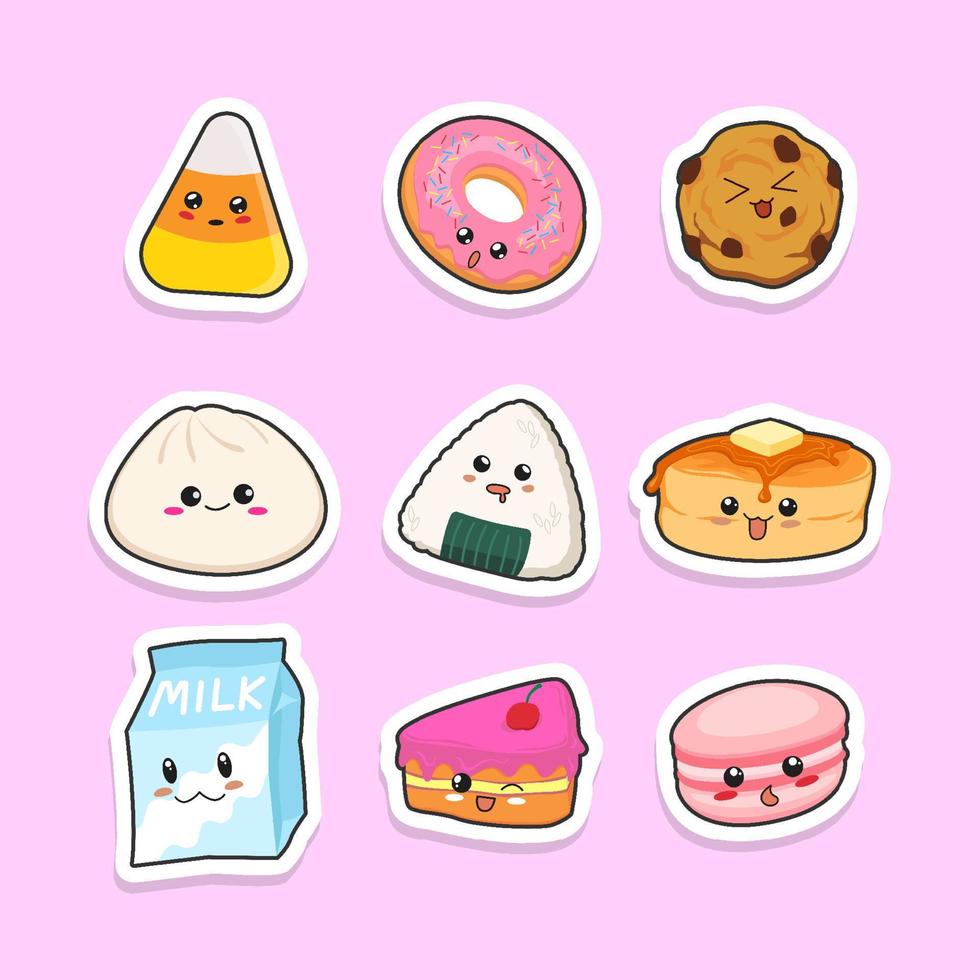 set de pegatinas kawaii de comida vector