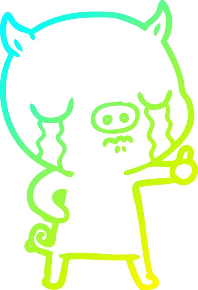 cold gradient line drawing cartoon pig crying vector