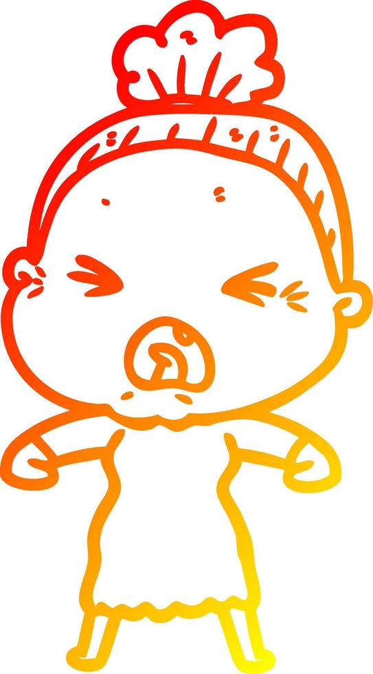 warm gradient line drawing cartoon angry old woman vector
