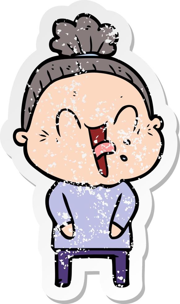 distressed sticker of a cartoon happy old woman vector