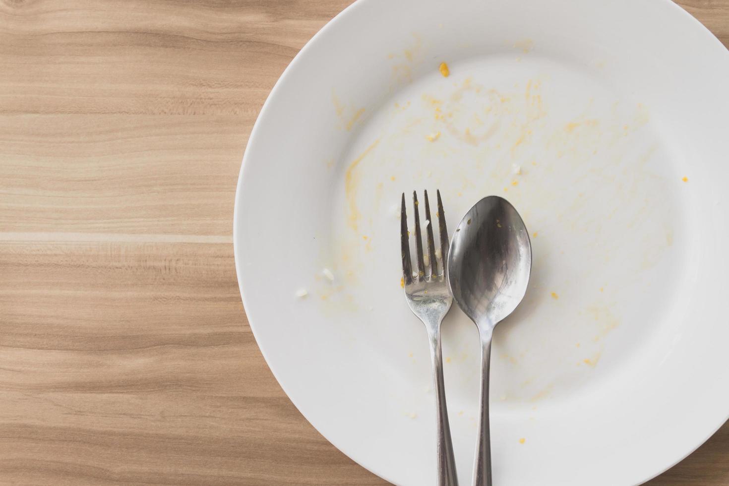 Top view of Empty and dirty dish after eating. photo