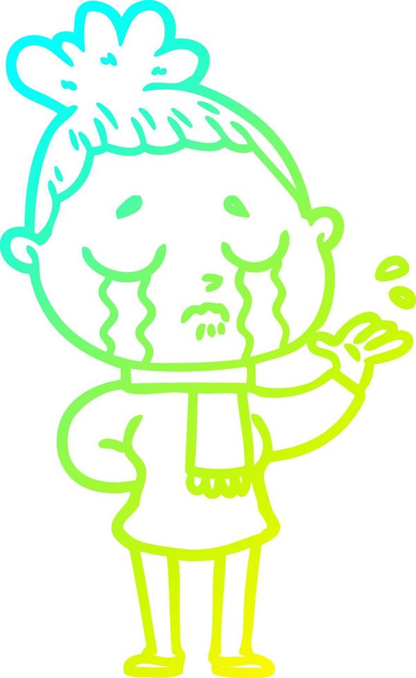 cold gradient line drawing cartoon crying woman vector