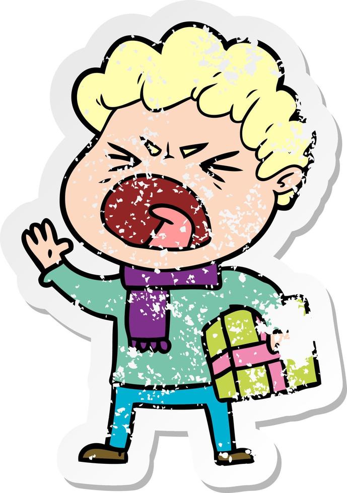 distressed sticker of a cartoon furious man vector