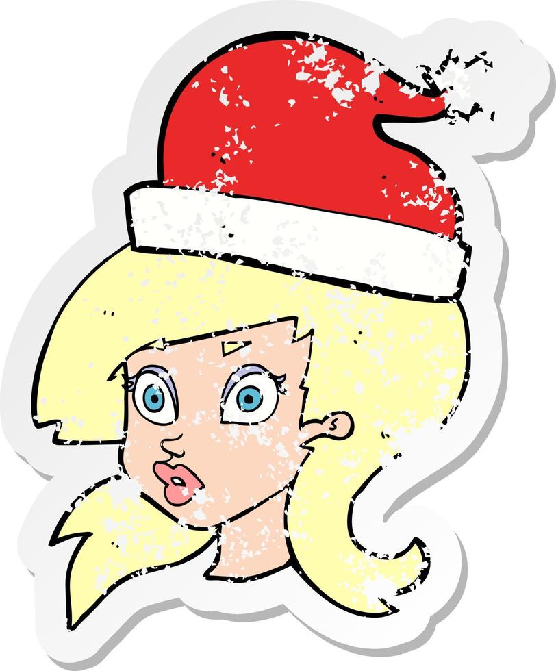 retro distressed sticker of a cartoon woman wearing christmas hat vector