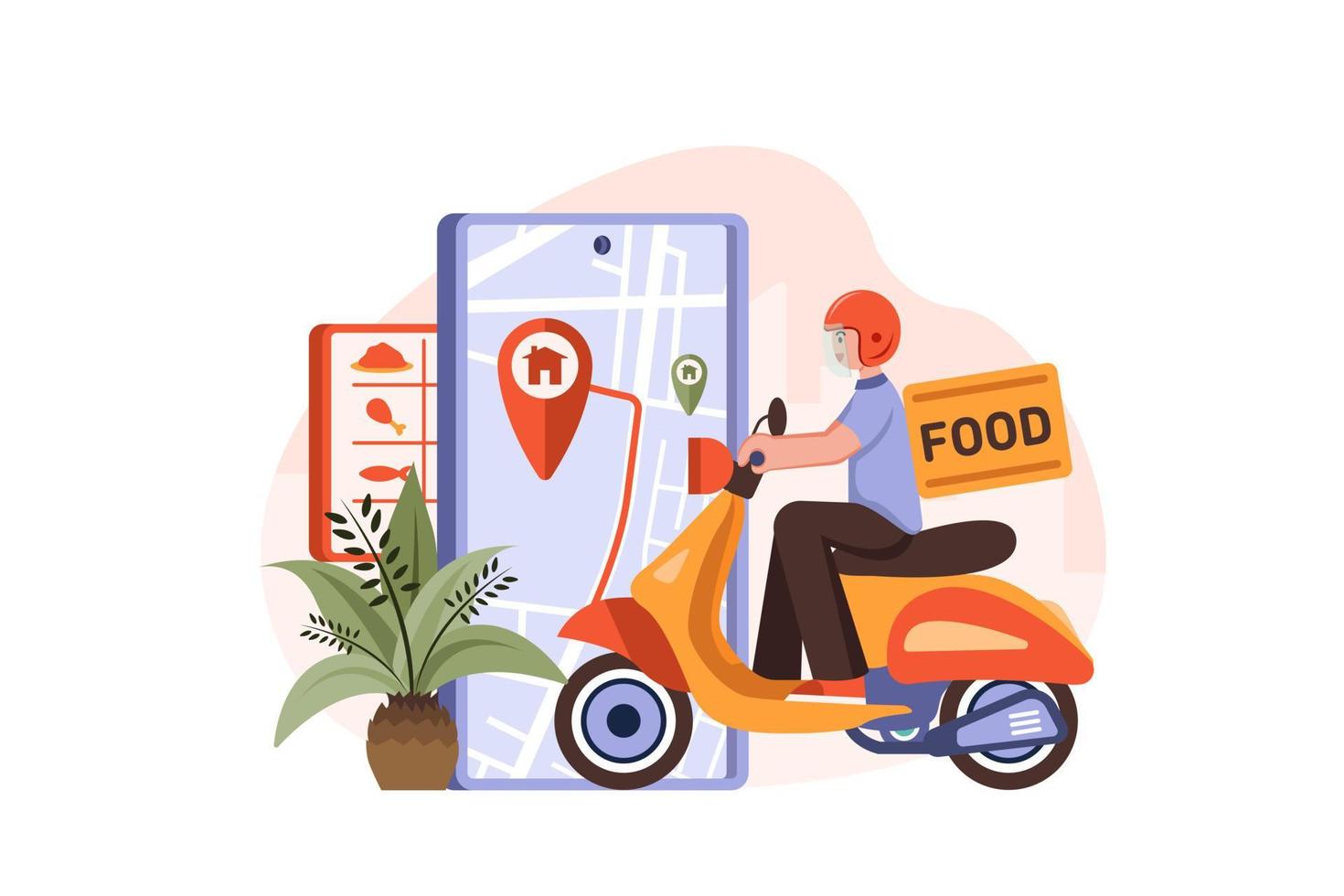 Food delivery service, a male courier with a large backpack Illustration concept on white background vector