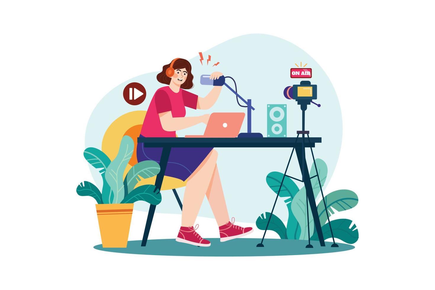 Woman speaking into a microphone while recording video Illustration concept. Flat illustration isolated on white background vector