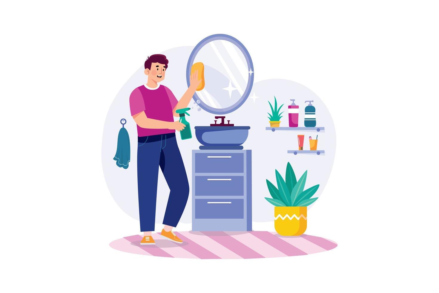 Man cleaning mirror in the bathroom vector