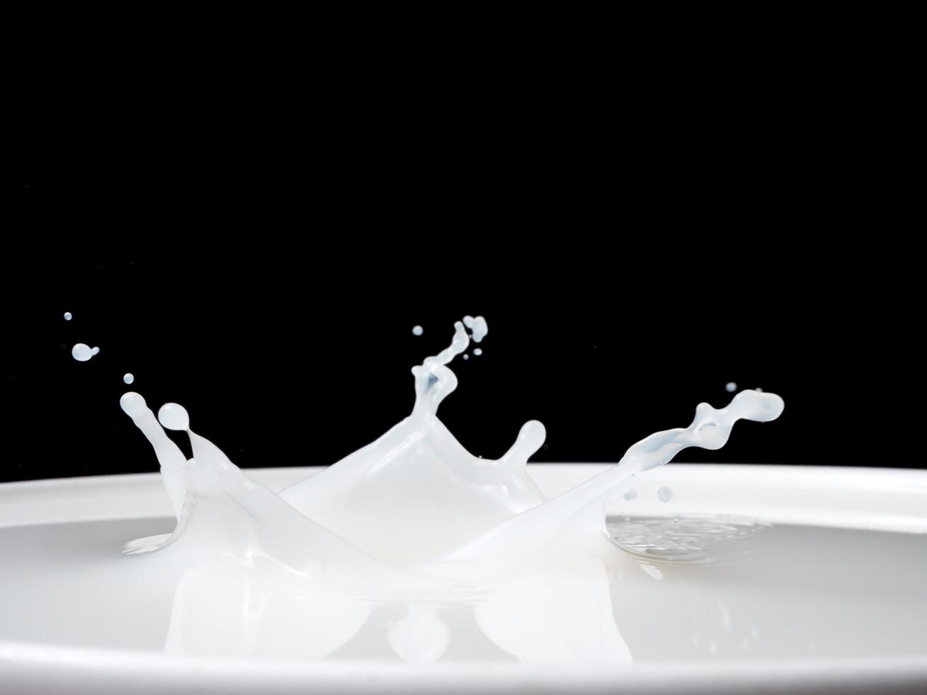 Splash of milk from a cup on black background. photo