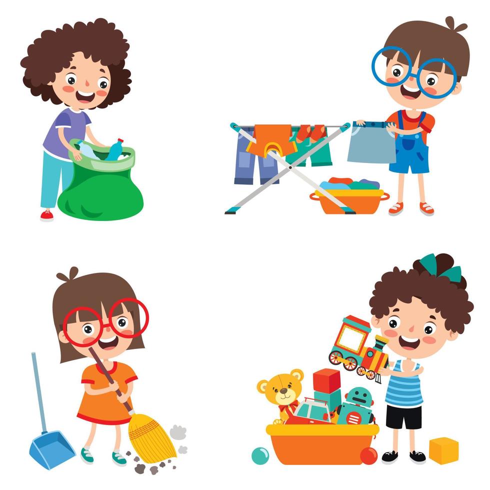 conjunto de niños haciendo varias tareas domésticas vector