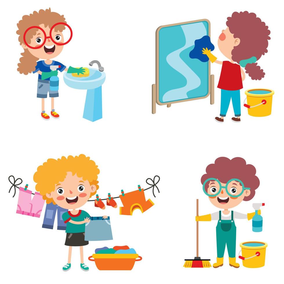 Set Of Children Doing Various Houseworks vector