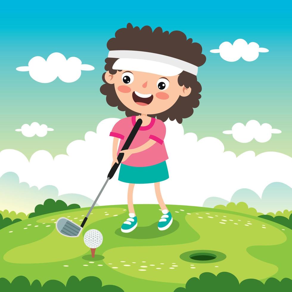 Cartoon Illustration Of A Kid Playing Golf vector