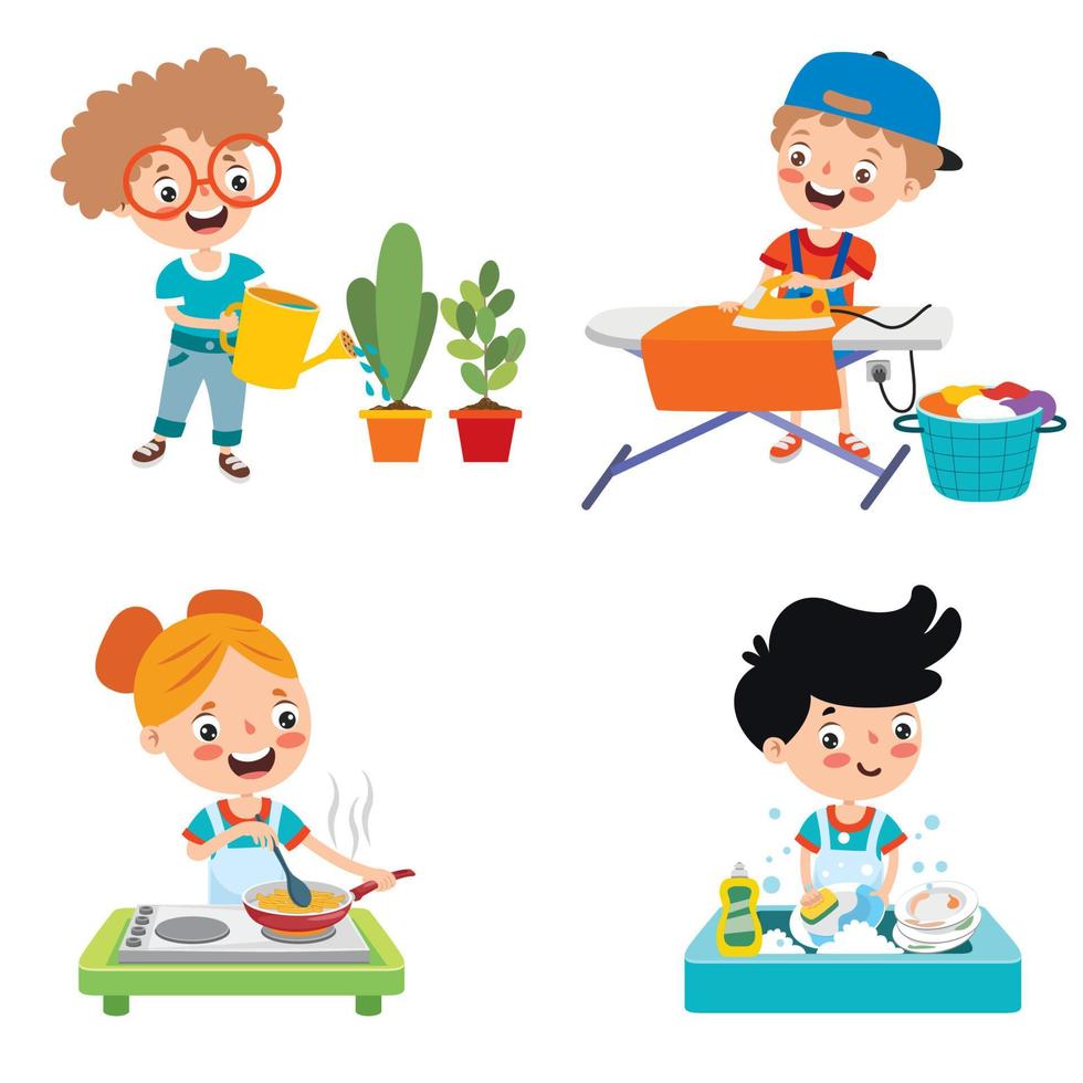 Set Of Children Doing Various Houseworks vector