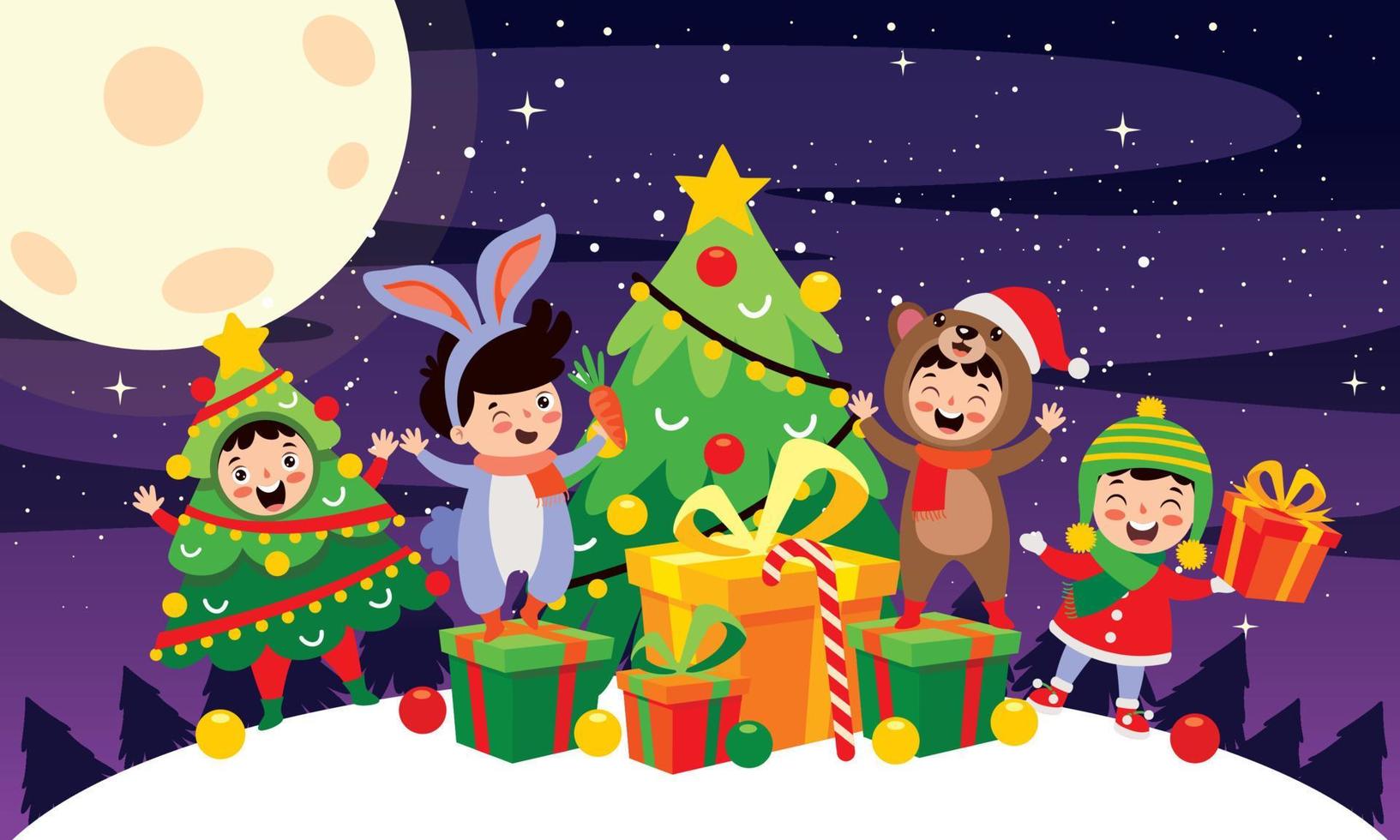 Christmas Scene With Cartoon Characters vector