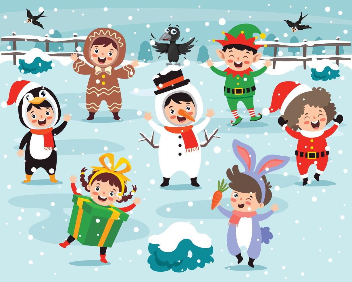 Children Wearing Costumes In Christmas Theme vector