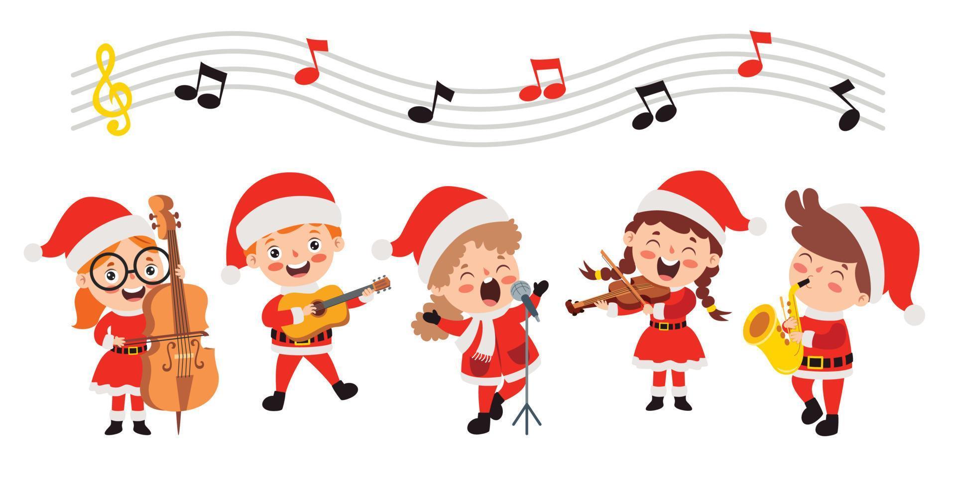 niños tocando música disfrazados de navidad vector