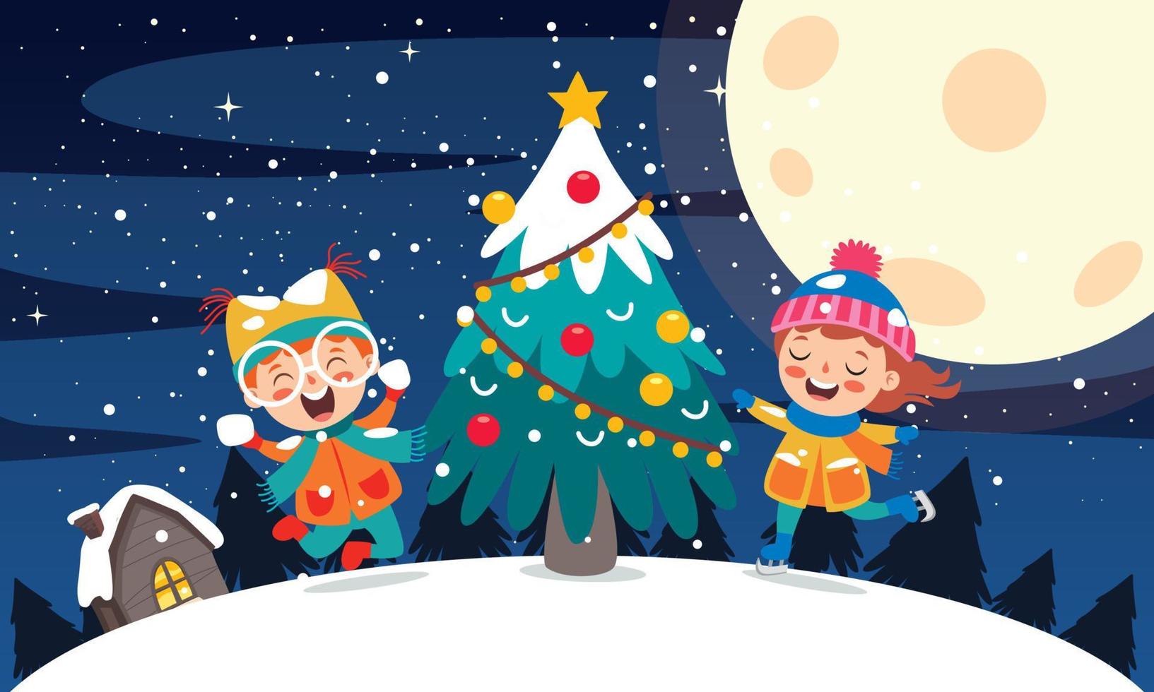 Christmas Scene With Cartoon Characters vector