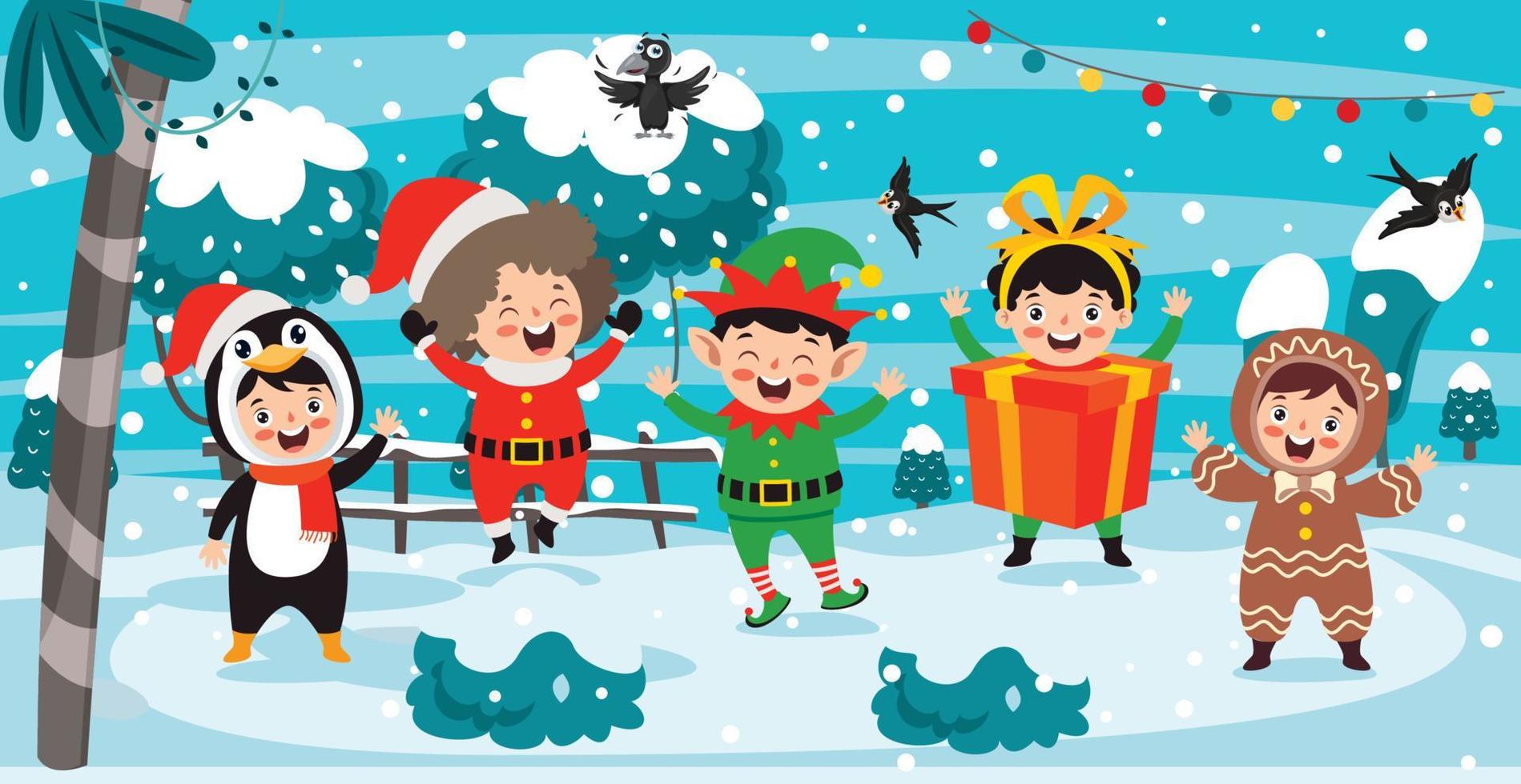 Children Wearing Costumes In Christmas Theme vector