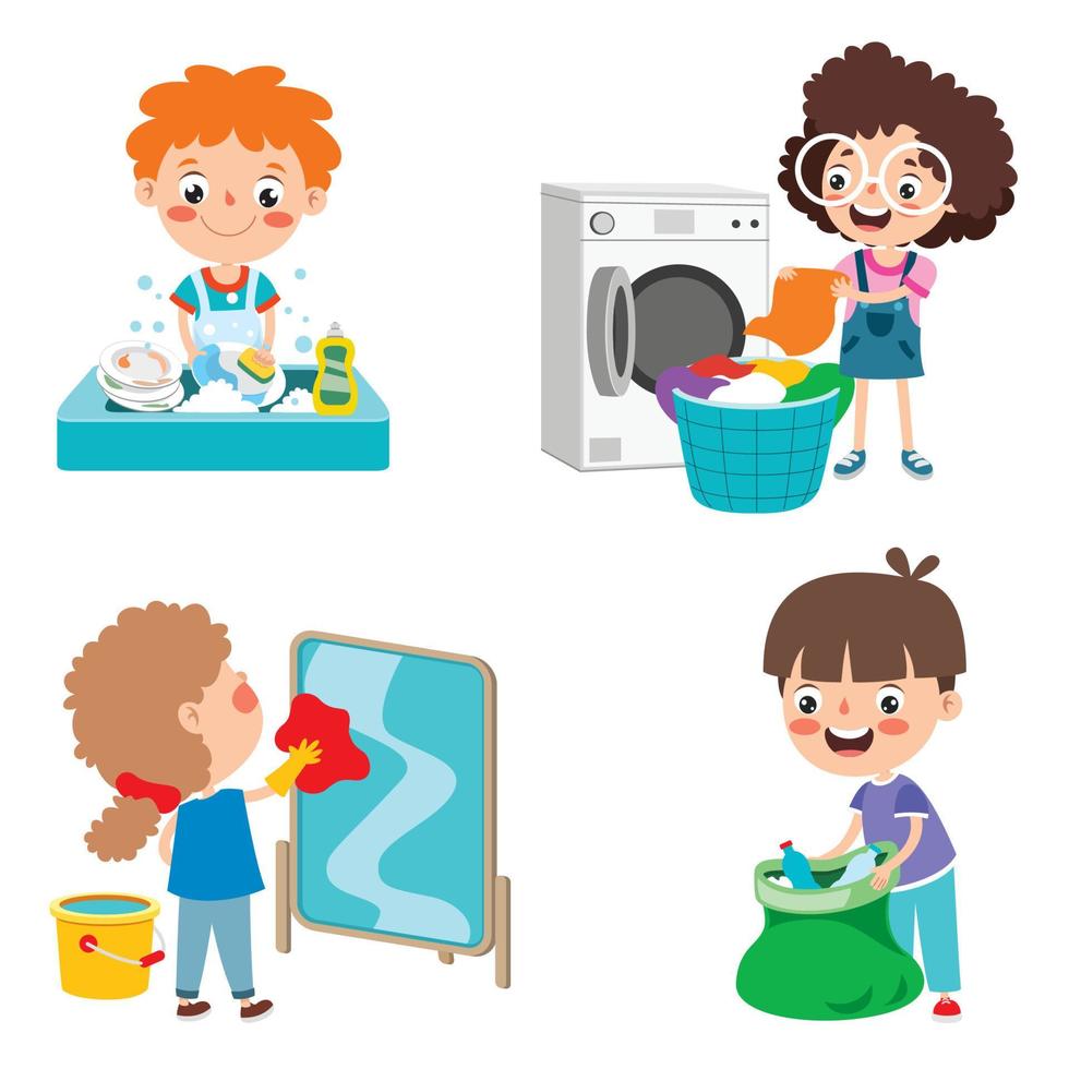 conjunto de niños haciendo varias tareas domésticas vector