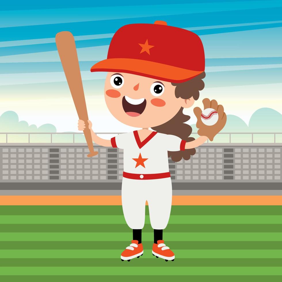 Cartoon Illustration Of A Kid Playing Baseball vector