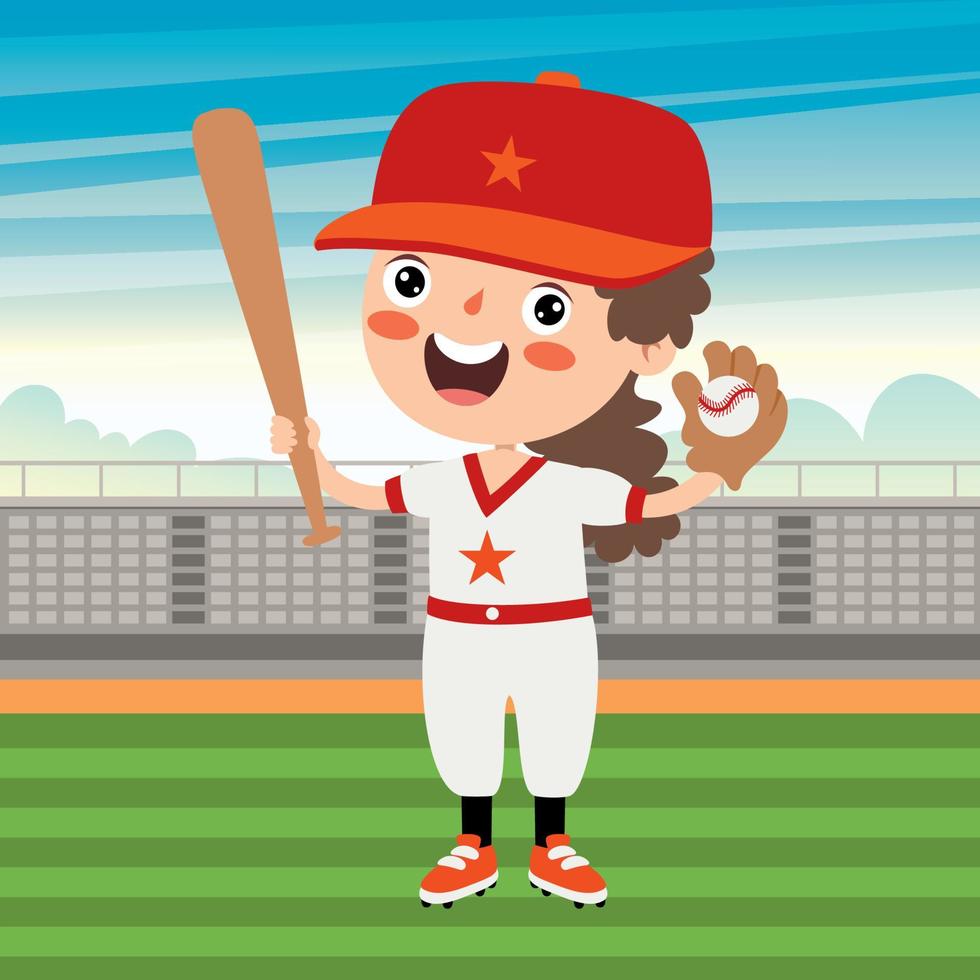 Cartoon Illustration Of A Kid Playing Baseball vector