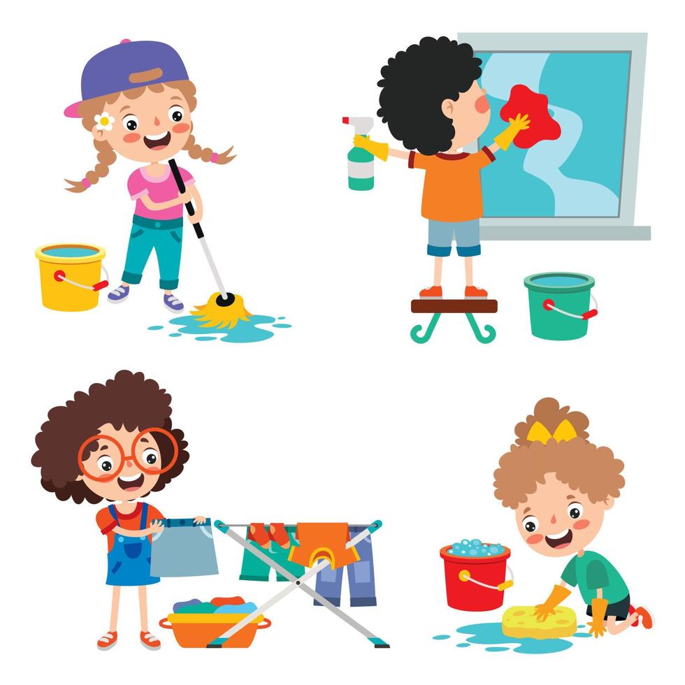 Set Of Children Doing Various Houseworks vector