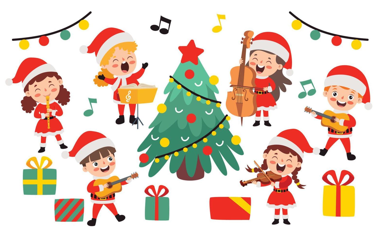 niños tocando música disfrazados de navidad vector