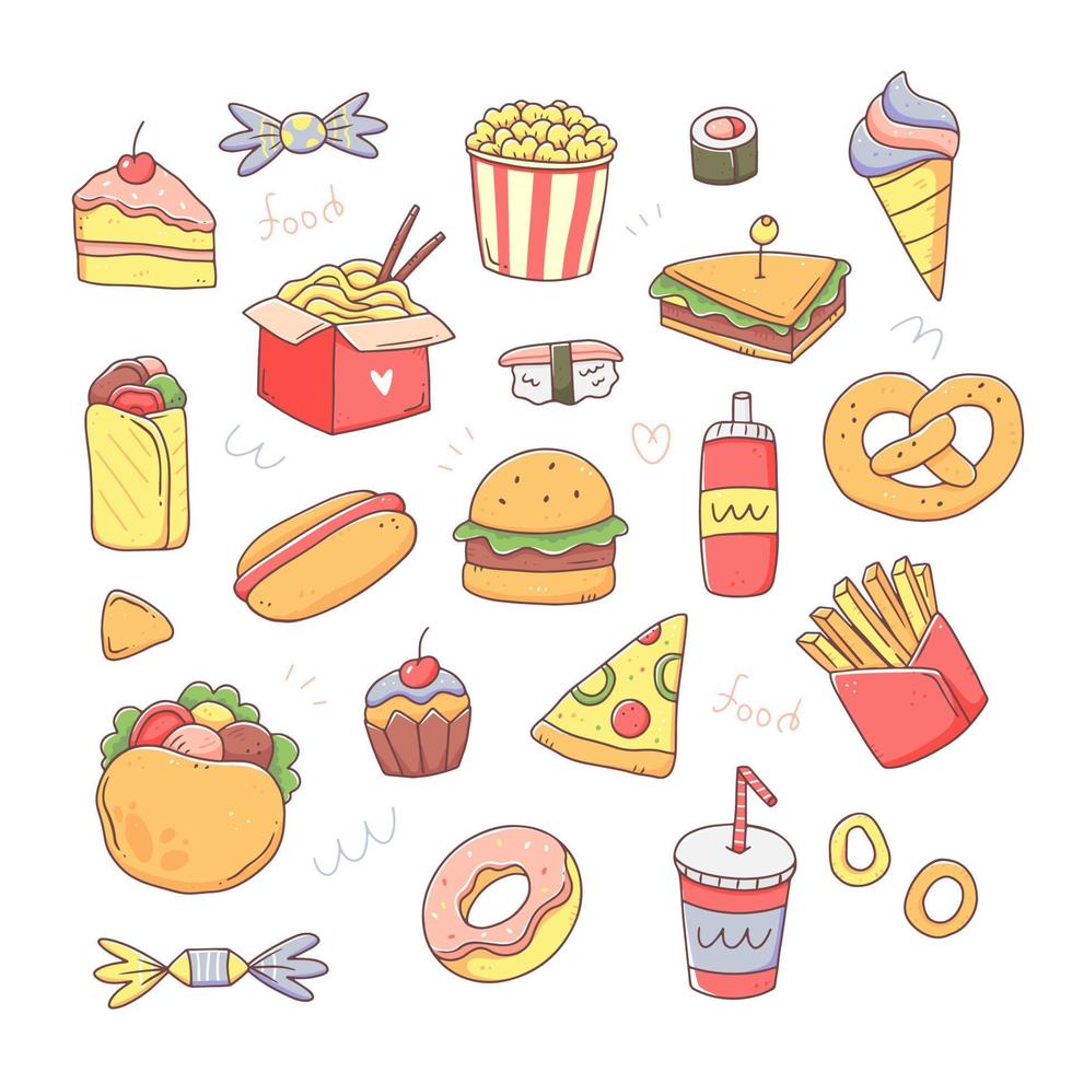 Fast food set of elements in a cute kawaii doodle style. Vector isolated junk food illustration.