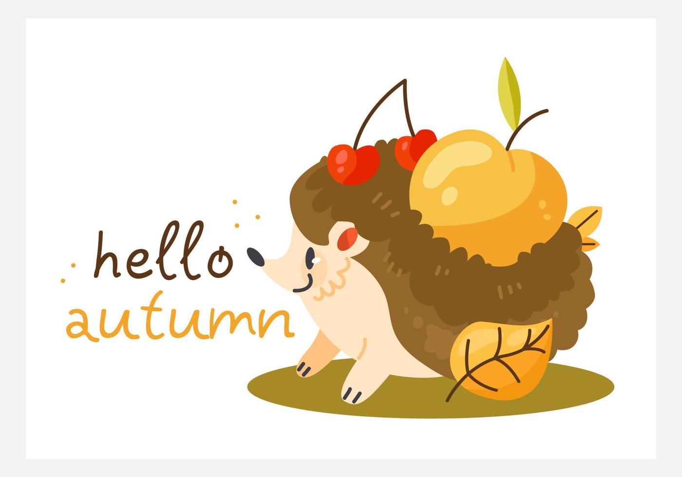 Hello autumn greeting card with cartoon hedgehog with apple. Vector illustration of the autumn poster.