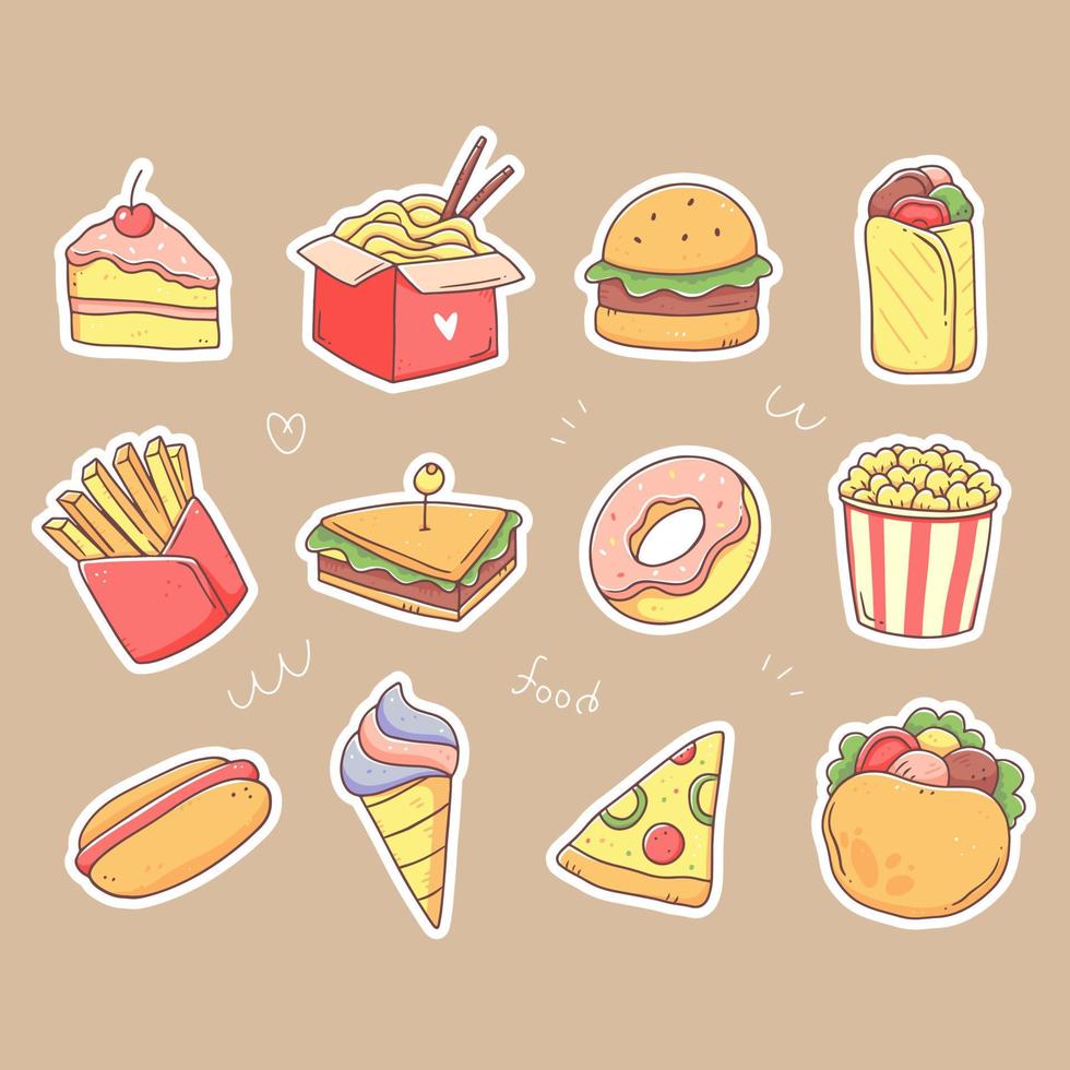 un conjunto de pegatinas con comida rápida. comida chatarra al estilo garabato. ilustración vectorial de imágenes prediseñadas aisladas. vector