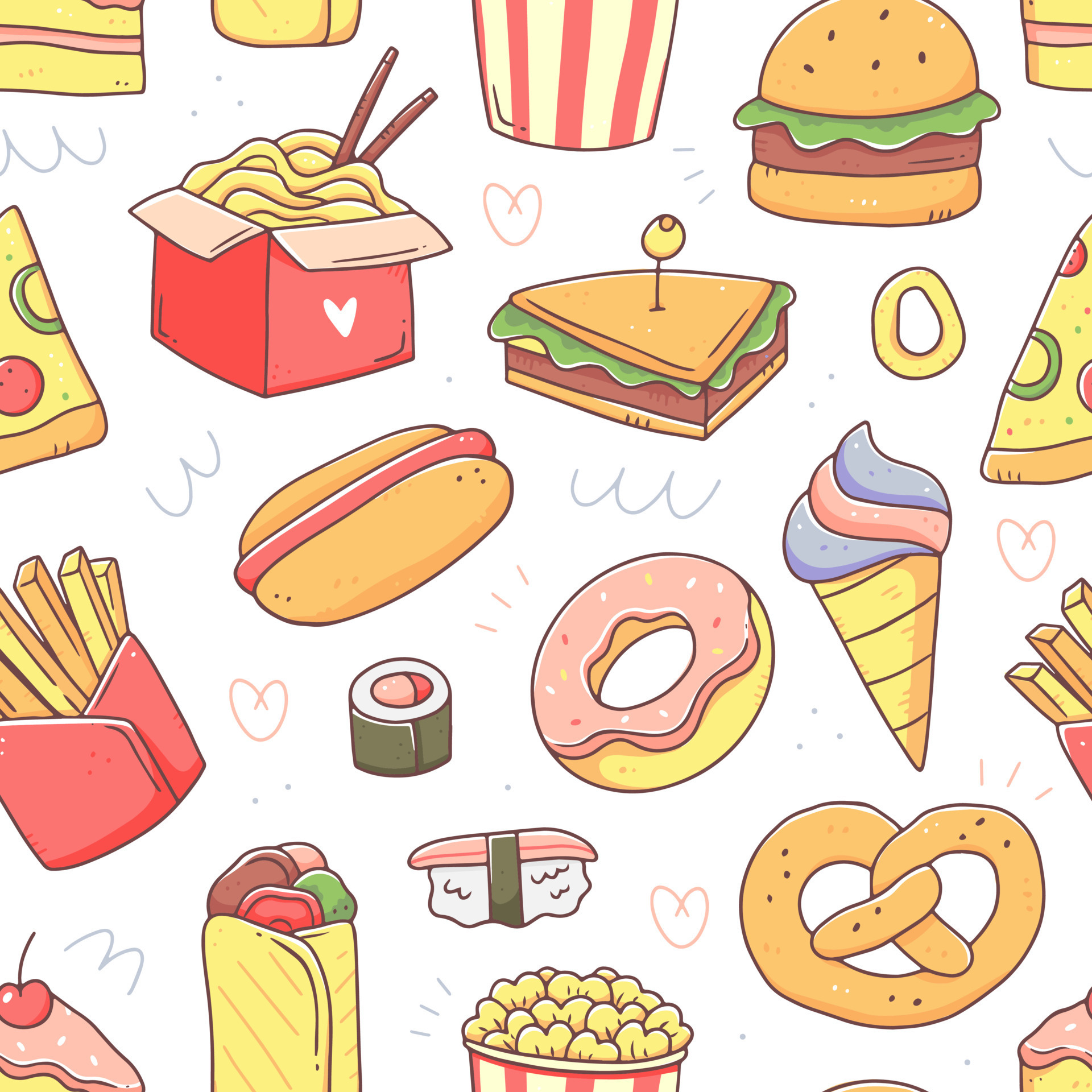 Fast food seamless pattern in cute kawaii doodle style. Vector junk food  illustration background. 10721982 Vector Art at Vecteezy