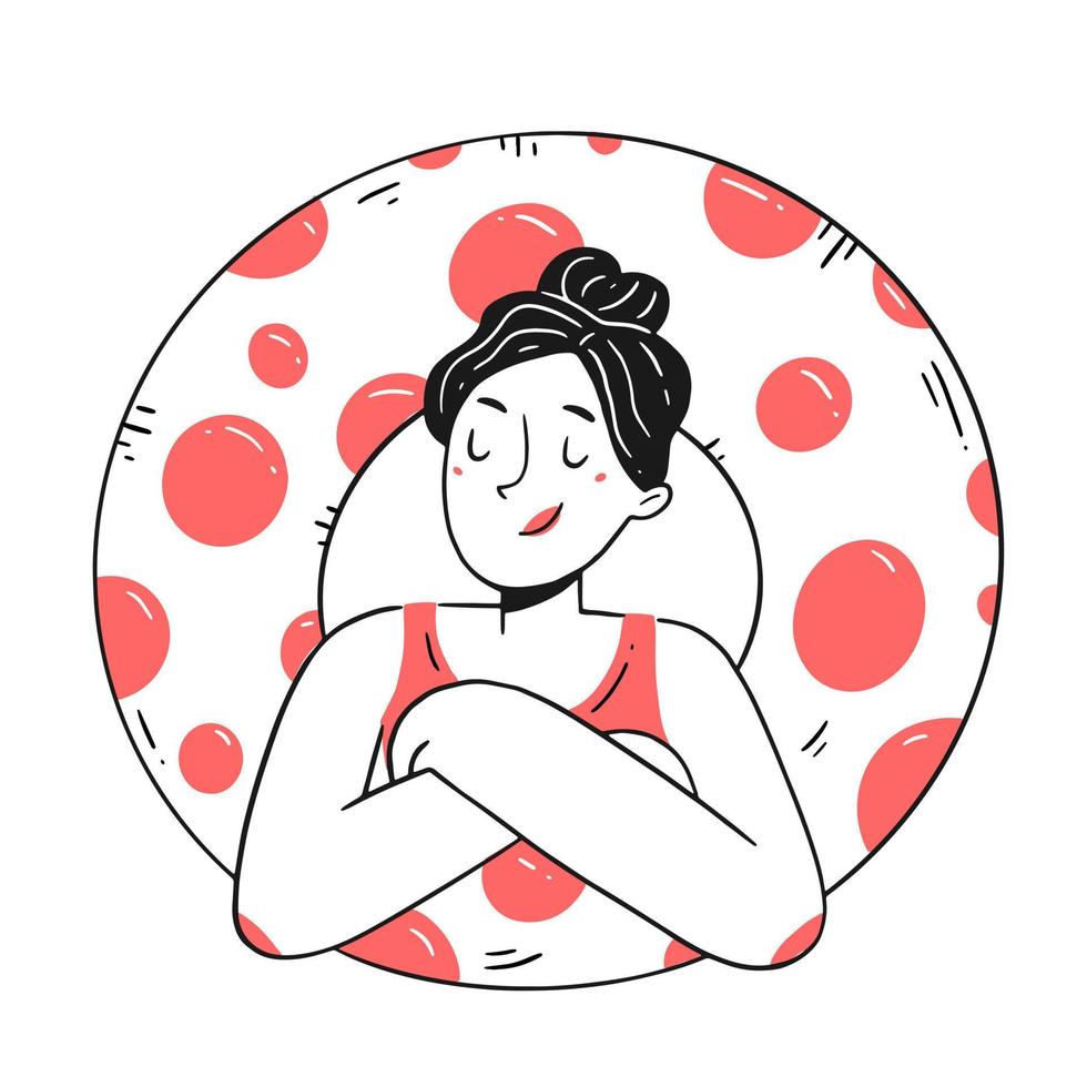 A happy girl with a rubber ring. The character woman in a linear doodle style. Vector illustration.